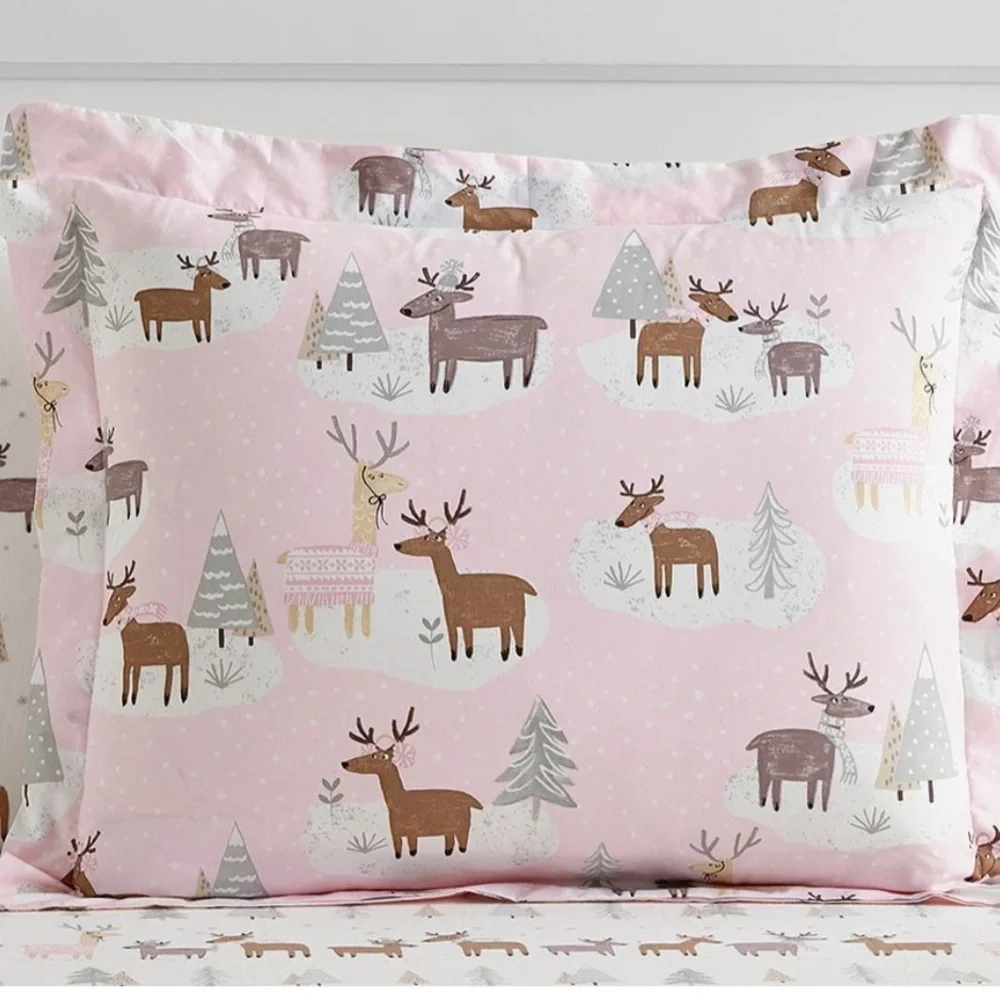 Pottery Barn Kids winter Pink blush Reindeer Duvet Cover and sham organic cotton